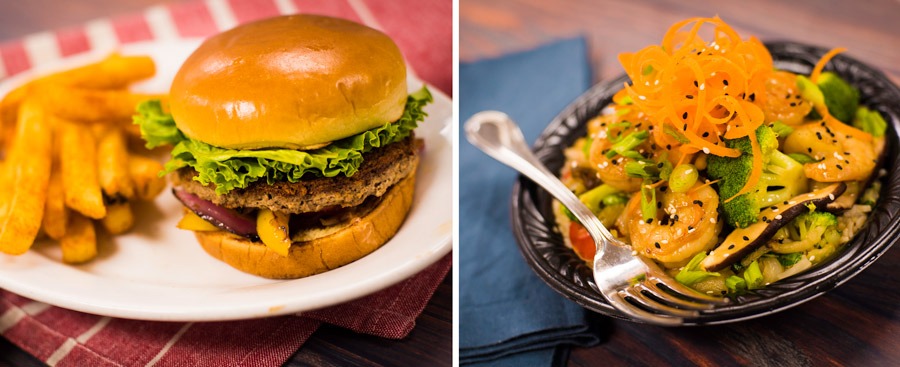 Hamburguer vegetariano e tigela de camarão Teriyaki