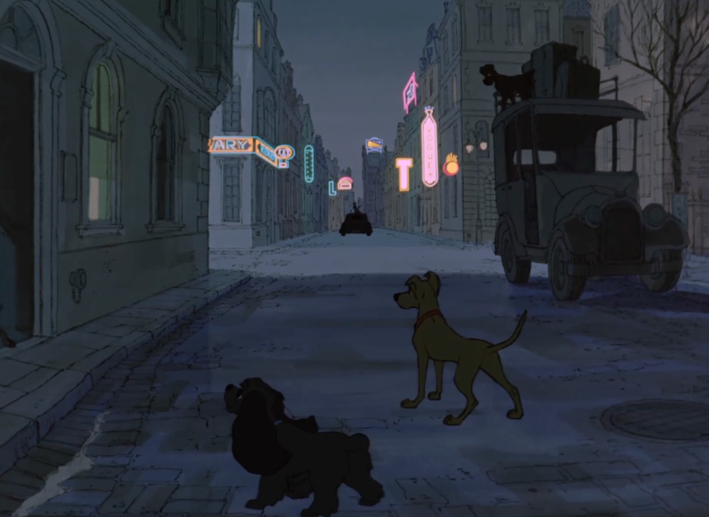 A Dama e o Vagando são alguns dos animais que aparecem circulando pelas ruas de Londres no filme Cento e Um Dálmatas.