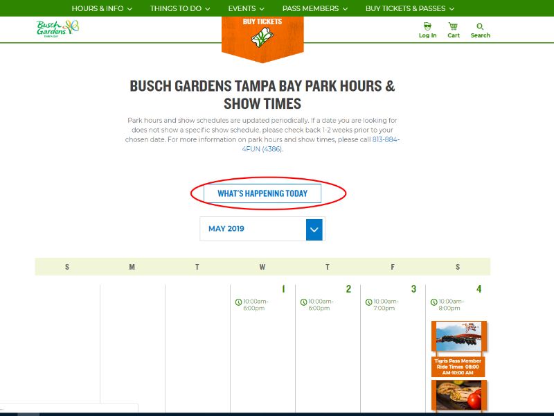 Programação diária Busch Gardens