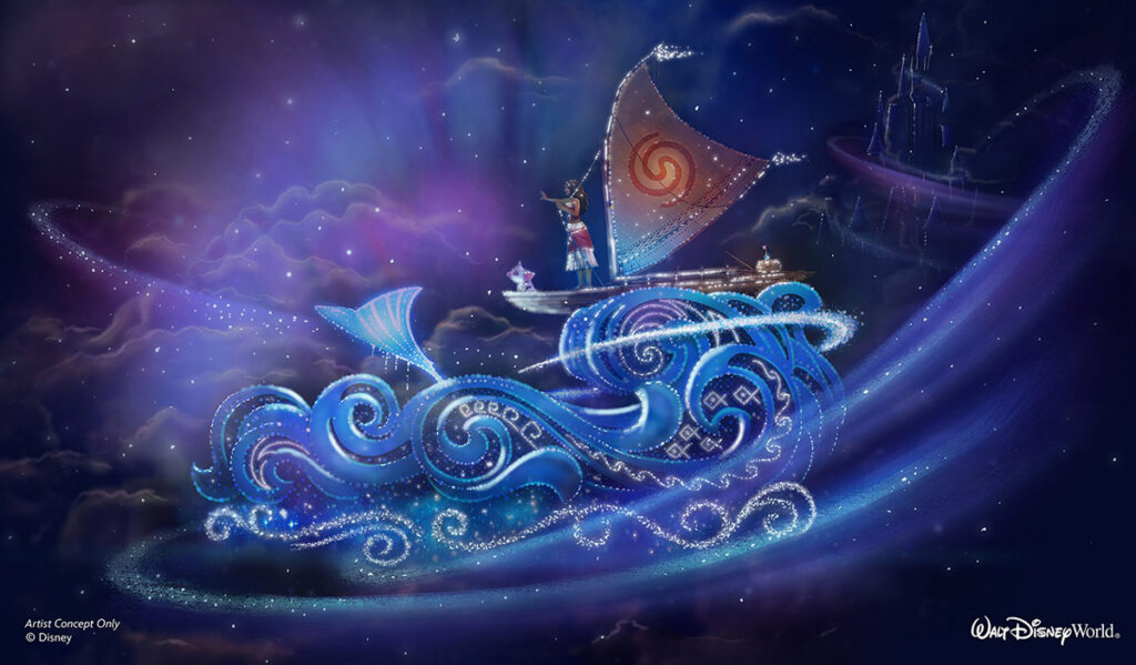 carro alegórico da Moana do novo desfile noturno da Disney