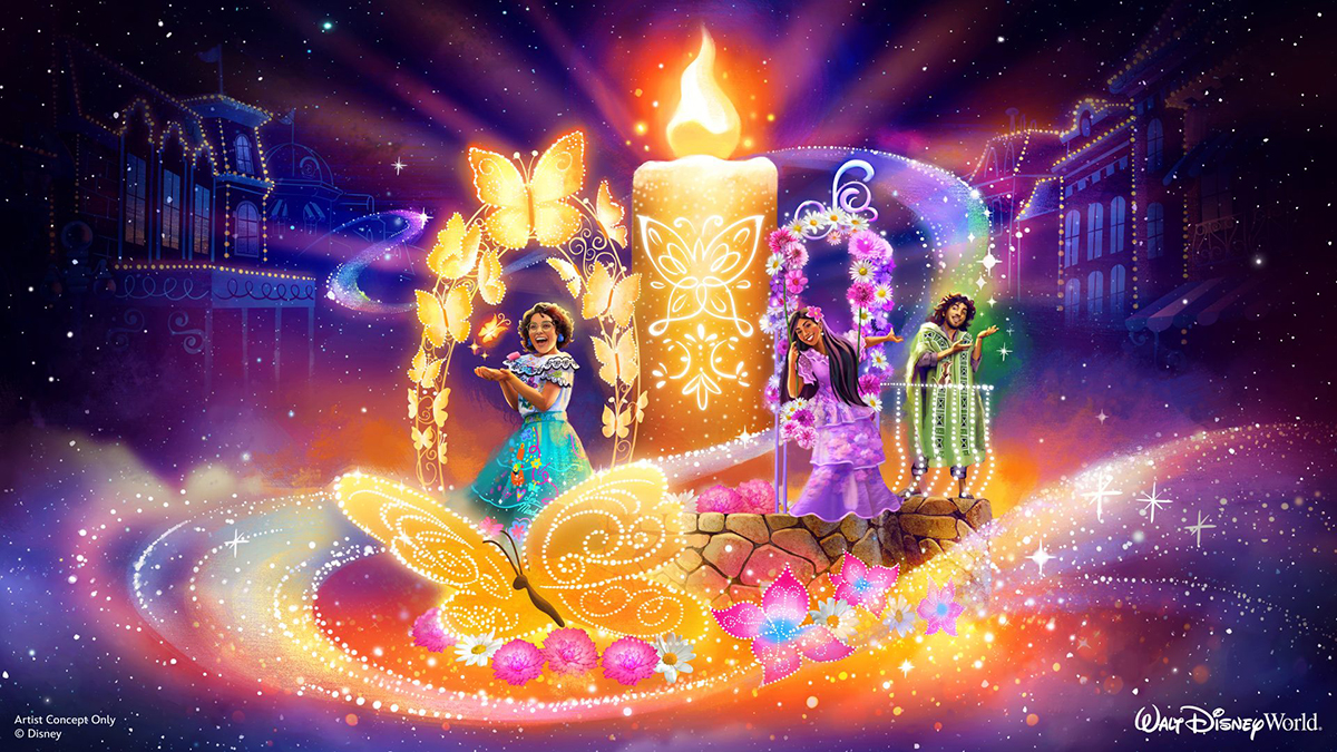 Carro alegórico de Encanto, do novo desfile noturno da Disney